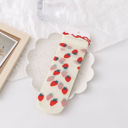 Cute Floral & Fruit Sheer Socks - Strawberry
