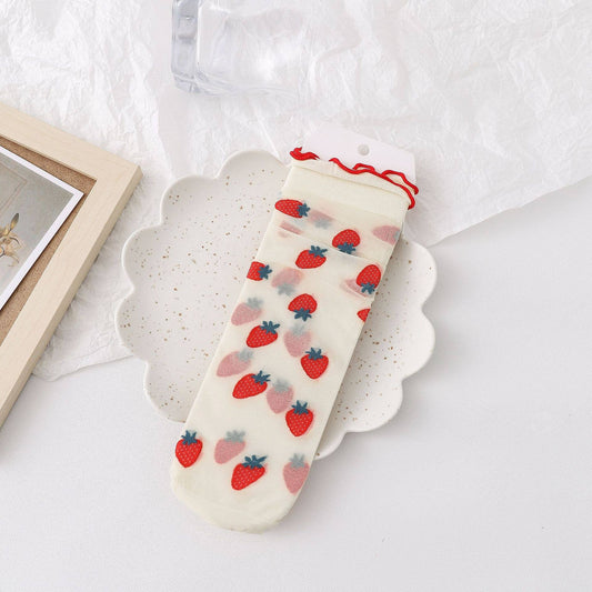 Cute Floral & Fruit Sheer Socks - Strawberry