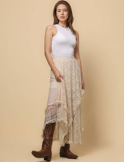 Ladies Floral Lace Layering Slip Midi Skirt- Beige