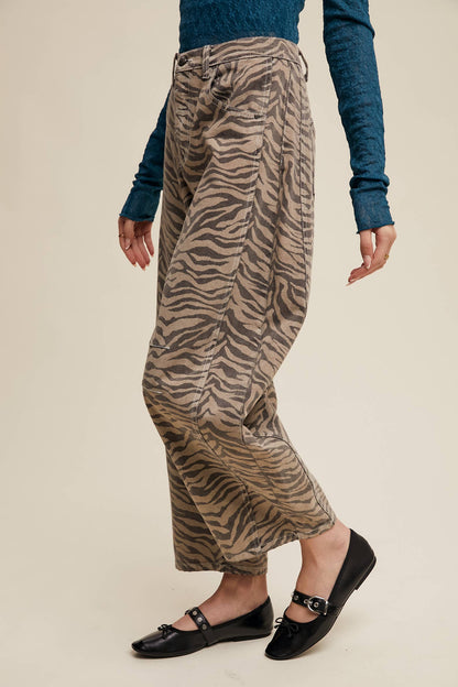 Zebra Print Barrel Jeans - Mocha