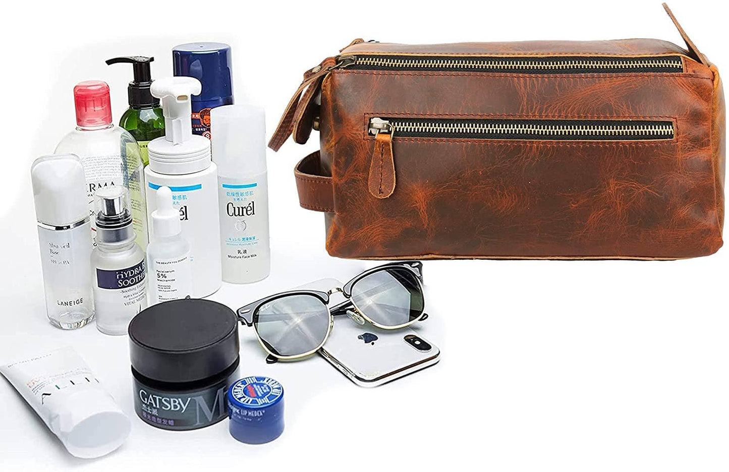 Tuzech Vintage Full Grain Leather Handmade Travel Toiletry Bag