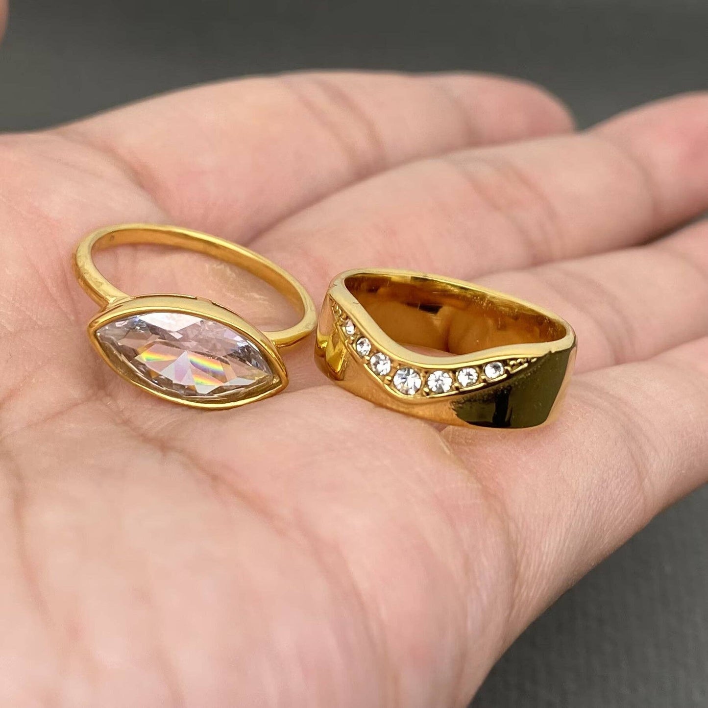 Zircon Inlaid 18K Gold Plated S.Steel Stacked Ring - FGS - 8