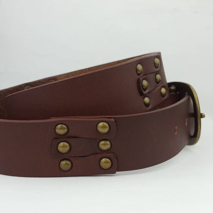 Genuine Studded Leather Belt - Brown