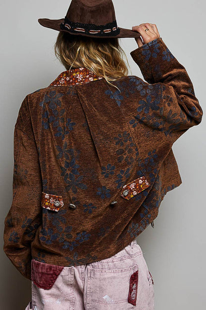 Floral Print Collared Long Sleeve Back Yoke Zip-Up Jacket - RUSTIC MOCHA