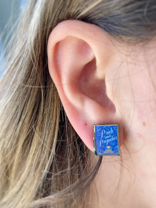 Post Earrings Book Locket Pride and Prejudice- Blue Filagree