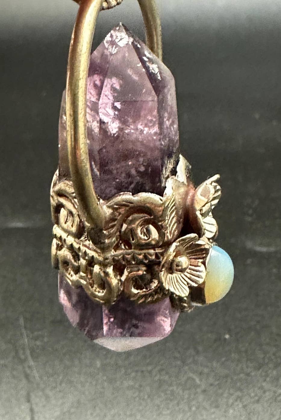 Amethyst double point pendant opal, handcrafted, white metal