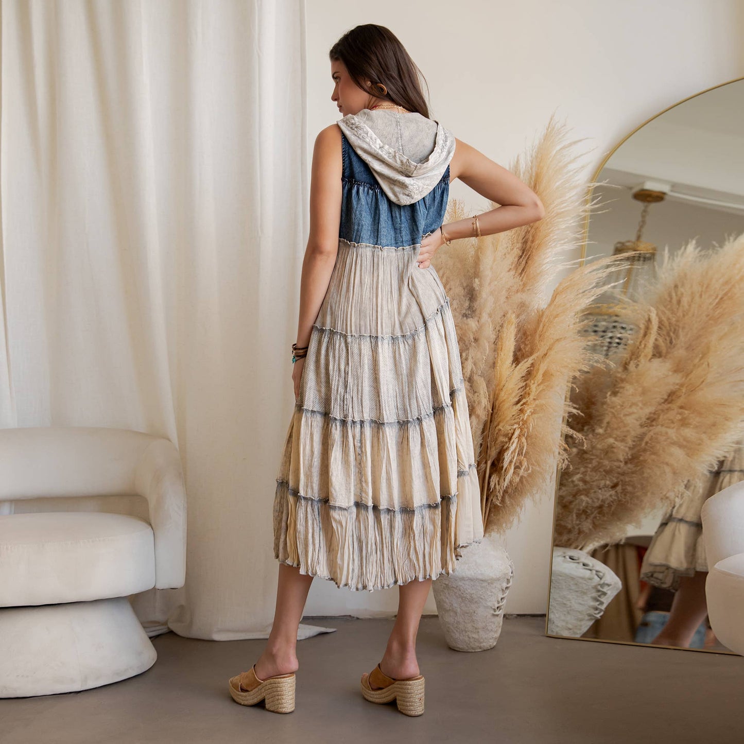 Curve Boho Tiered Duster With Hood - Latte