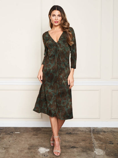 Flocked Twist Dress- Olive/Floral