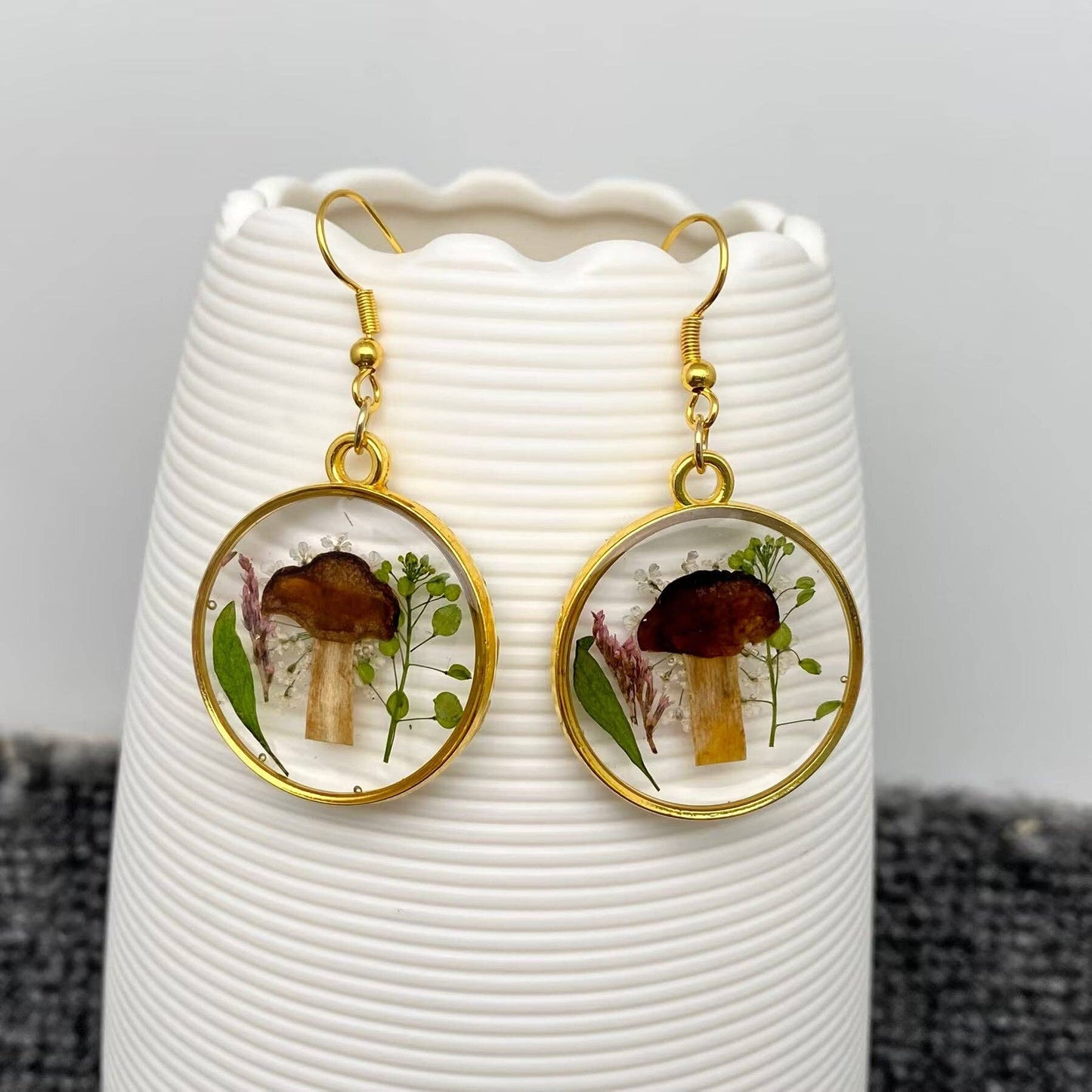 Dried Flowers & Mushroom Round Dangle Earrings