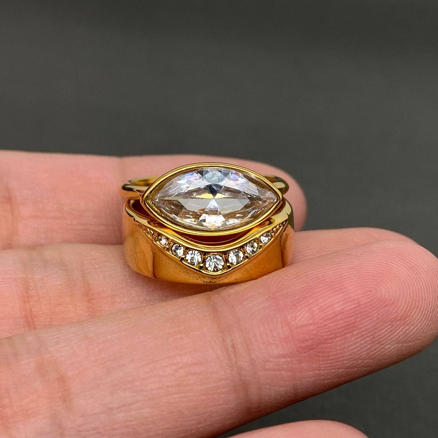 Zircon Inlaid 18K Gold Plated S.Steel Stacked Ring - FGS - 8