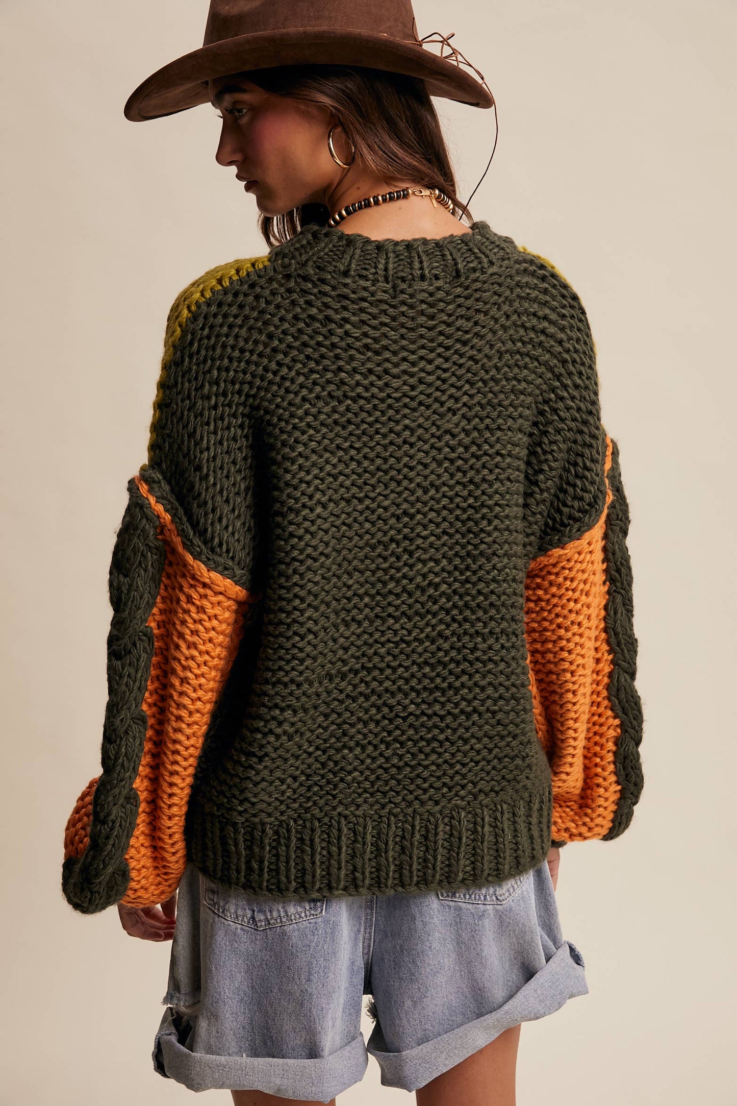 Hand-Knit Chunky Crochet Pullover - Olive Multi