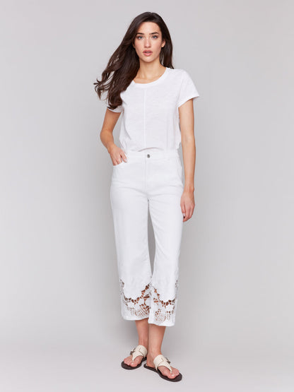 Lace Side Cut Flare Pant- White