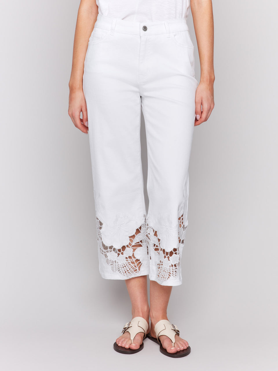 Lace Side Cut Flare Pant- White