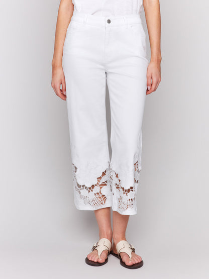 Lace Side Cut Flare Pant- White
