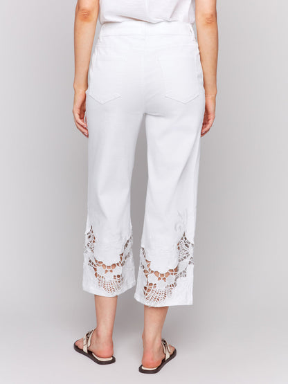 Lace Side Cut Flare Pant- White