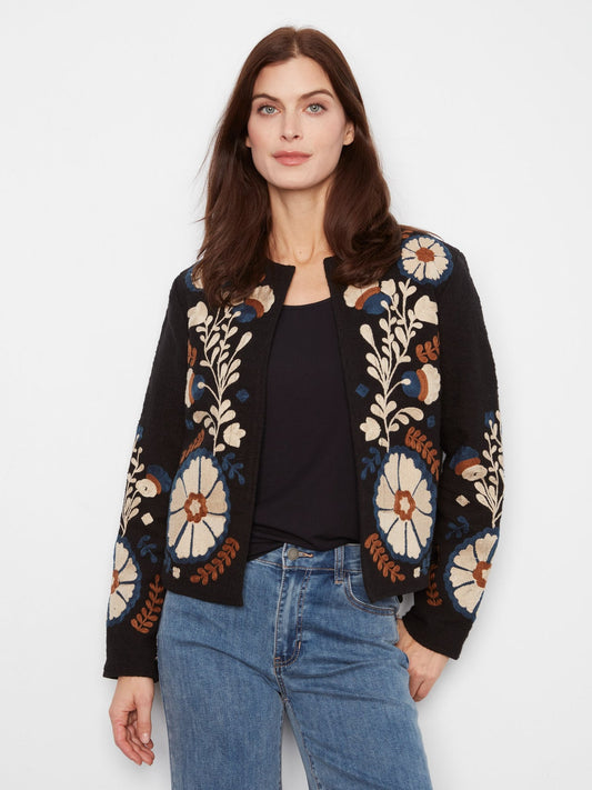 Embroidered Cotton Open Front Jacket
