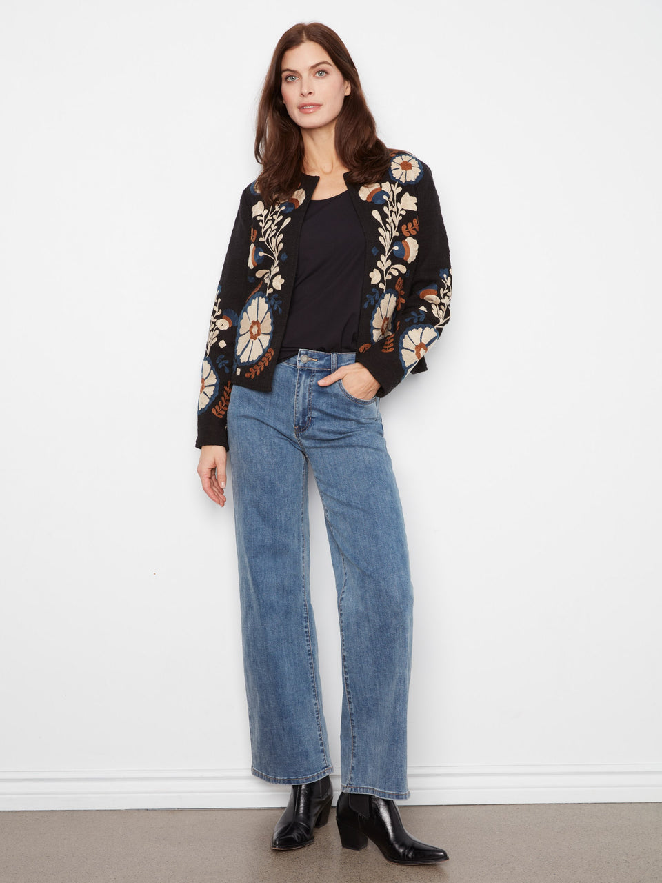 Embroidered Cotton Open Front Jacket