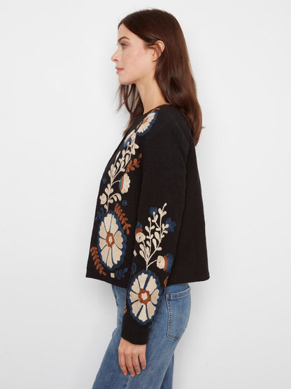 Embroidered Cotton Open Front Jacket