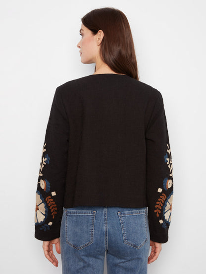 Embroidered Cotton Open Front Jacket