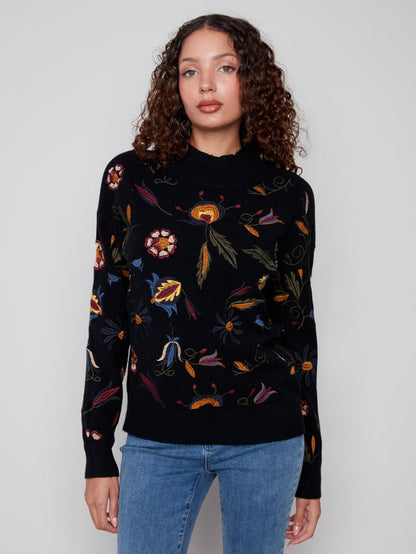 Embroidered Mock Neck Sweater - Black