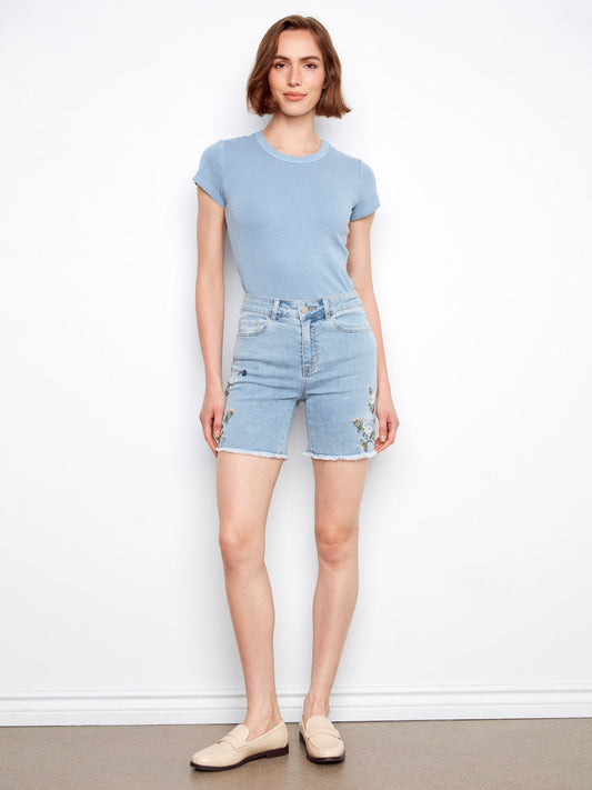 Side Embroided Stretch Denim  Shorts