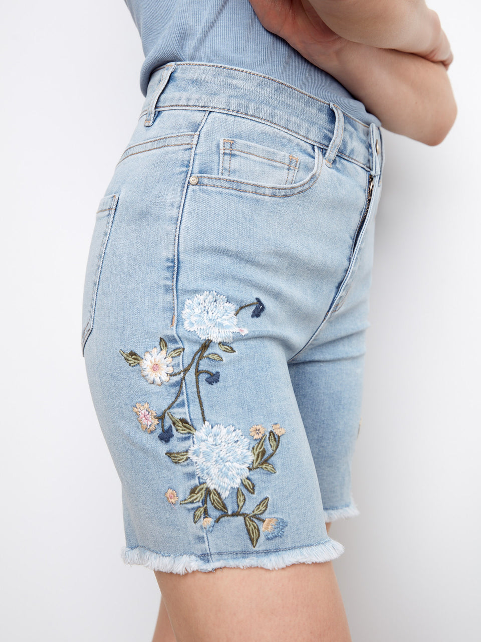 Side Embroided Stretch Denim  Shorts