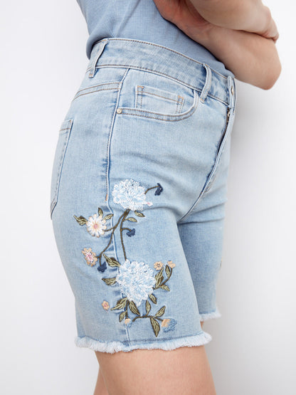 Side Embroided Stretch Denim  Shorts