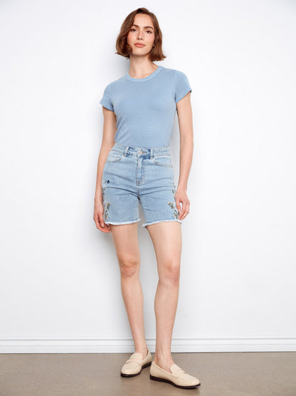 Side Embroided Stretch Denim  Shorts