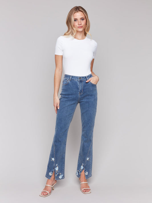 Embroidered Front Slit Pants
