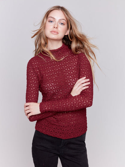 Lace Long Sleeve Mock Neck - Cabernet