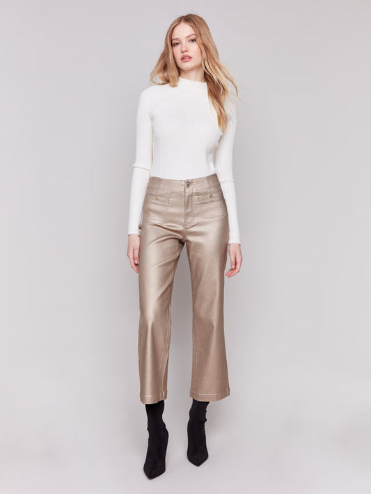 Metallic Wax Flared Pants - Bronze