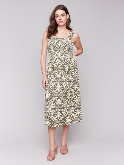 Printed Sleeveless Midi Dress w/ Shirring Detail - Celadon