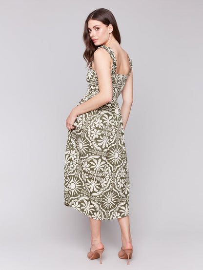 Printed Sleeveless Midi Dress w/ Shirring Detail - Celadon