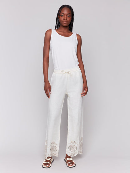 Pull-On Linen Pants with Eyelet Embroidery - Natural