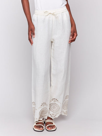 Pull-On Linen Pants with Eyelet Embroidery - Natural