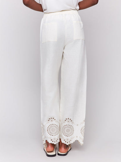Pull-On Linen Pants with Eyelet Embroidery - Natural