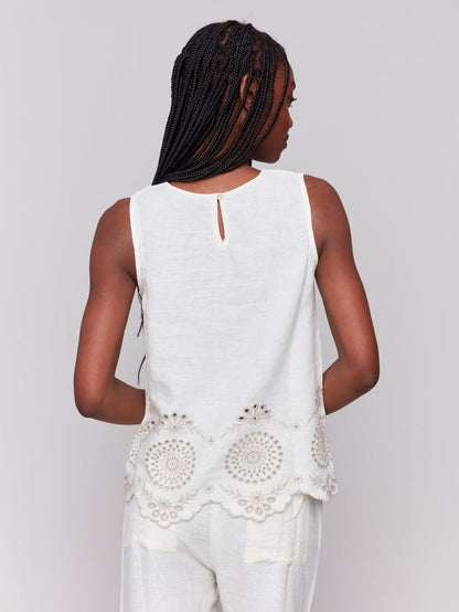 Sleeveless Linen Top with Eyelet Embroidery - Natural