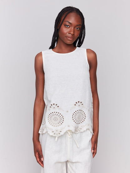 Sleeveless Linen Top with Eyelet Embroidery - Natural