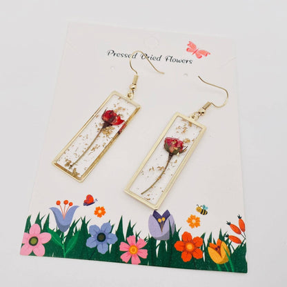 Rectangular Rose Dried Flowers Dangle Earrings