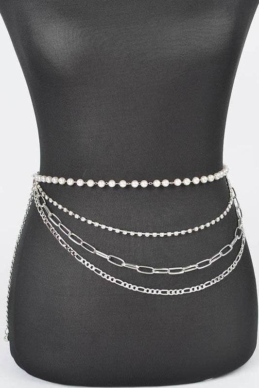 Multi Layered Chain Belt with Pearl Waist - Silver