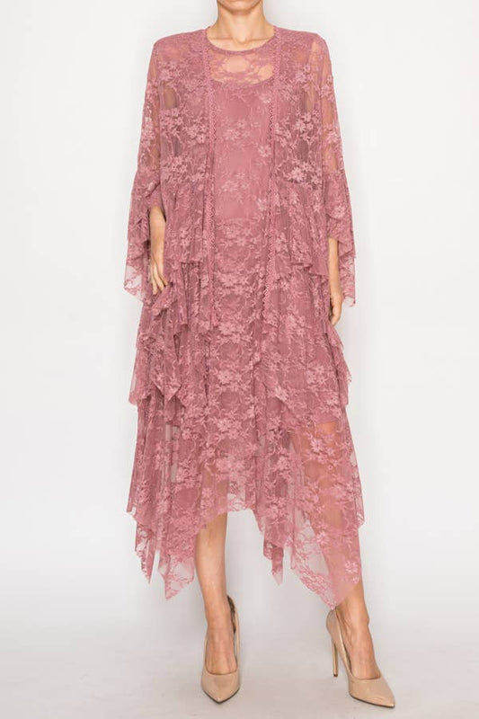 Classic All Lace Cardigan with Tiered Layers - DUSTY ROSE