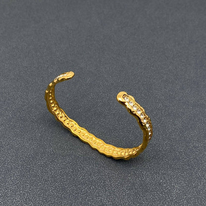 Inlaid CZ 18K Gold Plated Stainless Steel Irregular Cuff-FGS
