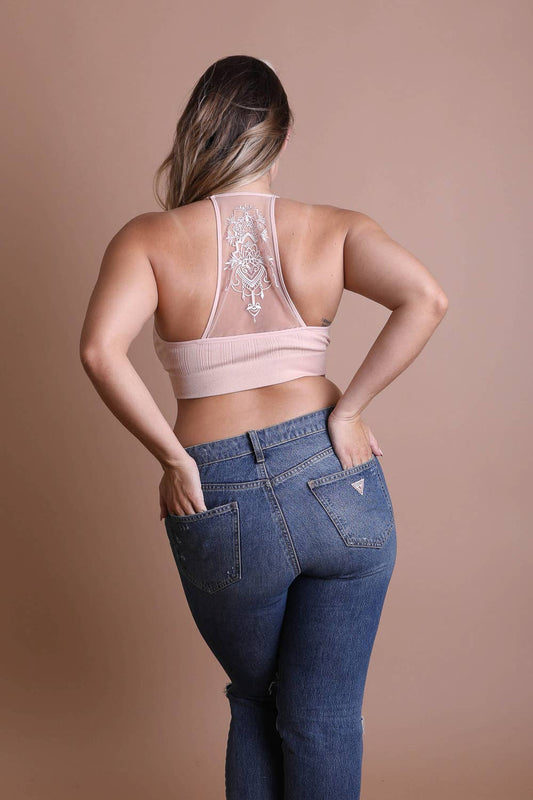 Curve Tattoo Mesh Racerback Bralette - Blush