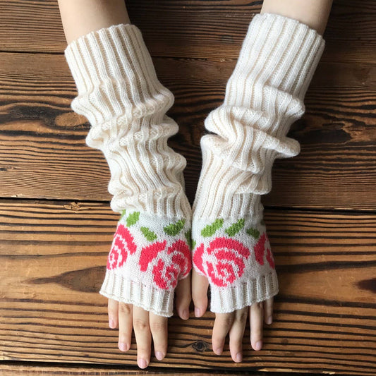 Pink Rose Knitted Jacquard Gloves-Light Apricot