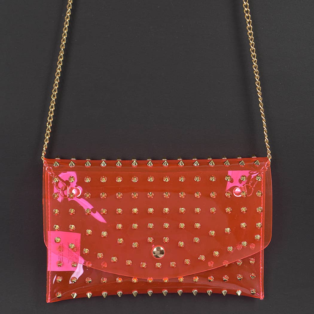 Ull Studded Cross Body Chain Strap Visible Clutch - Clear Silver