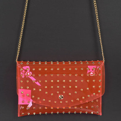 Ull Studded Cross Body Chain Strap Visible Clutch - Clear Silver
