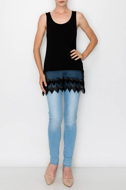 TANK TOP TRIMMED WITH SPARKLY LACE - BLACK