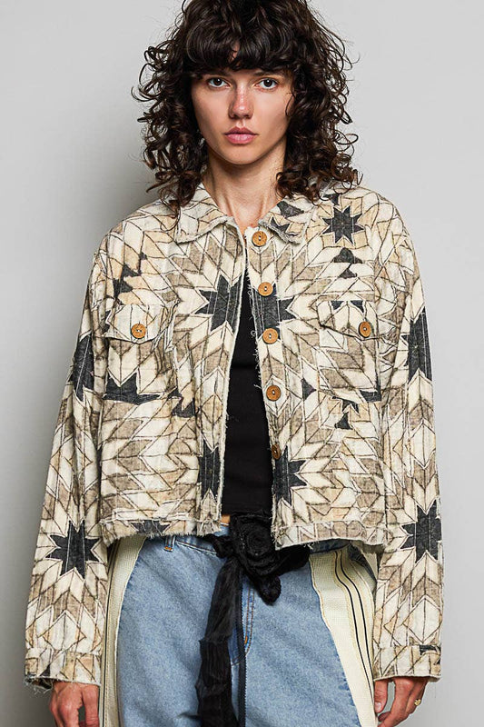 Geometric Star Wide Long Sleeve Quilted Stitch Woven Jacket