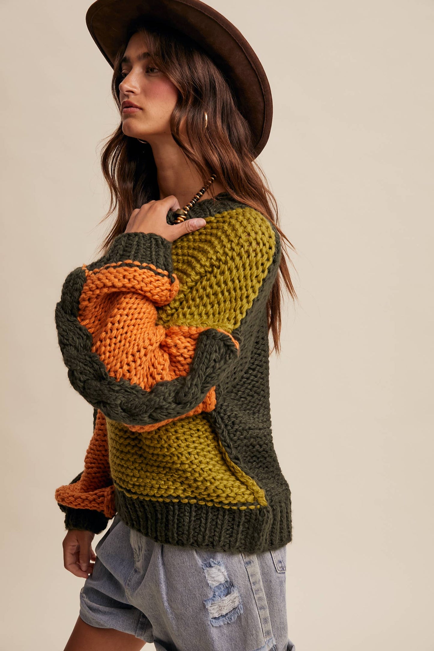 Hand-Knit Chunky Crochet Pullover - Olive Multi