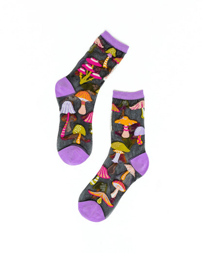 Magic Mushrooms Black Sheer Crew Sock - One Size